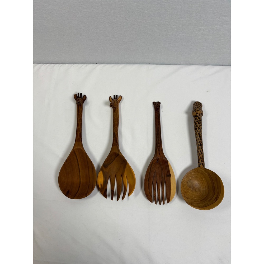 Vintage Hand Carved Wood Giraffe Salad Servers Ladle Set 4pc Safari Boho Decor